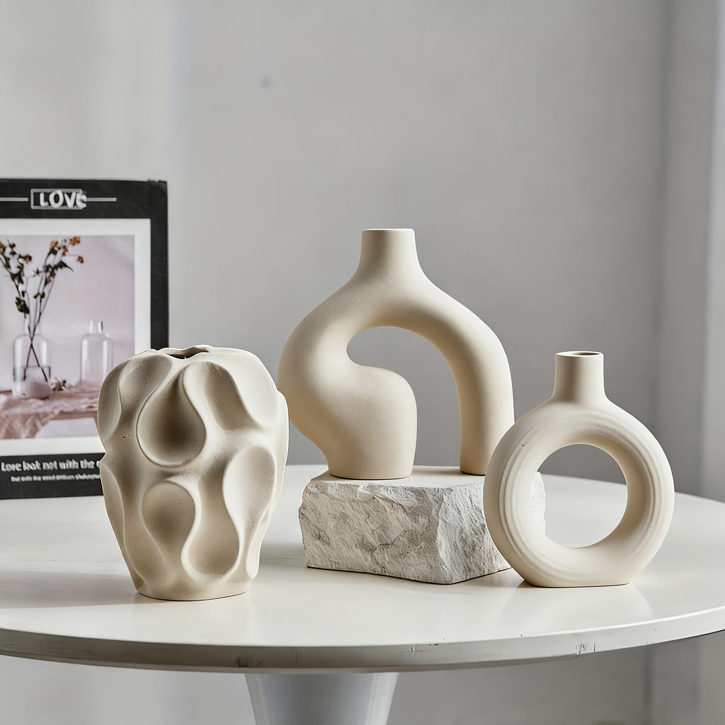 3-Piece Ceramic Vase Set for Home Decor – Bohemian Farmhouse Style Beige Decorative Vases for Pampas Grass, Living Room, Bedroom, Kitchen, Entryway & Mantel