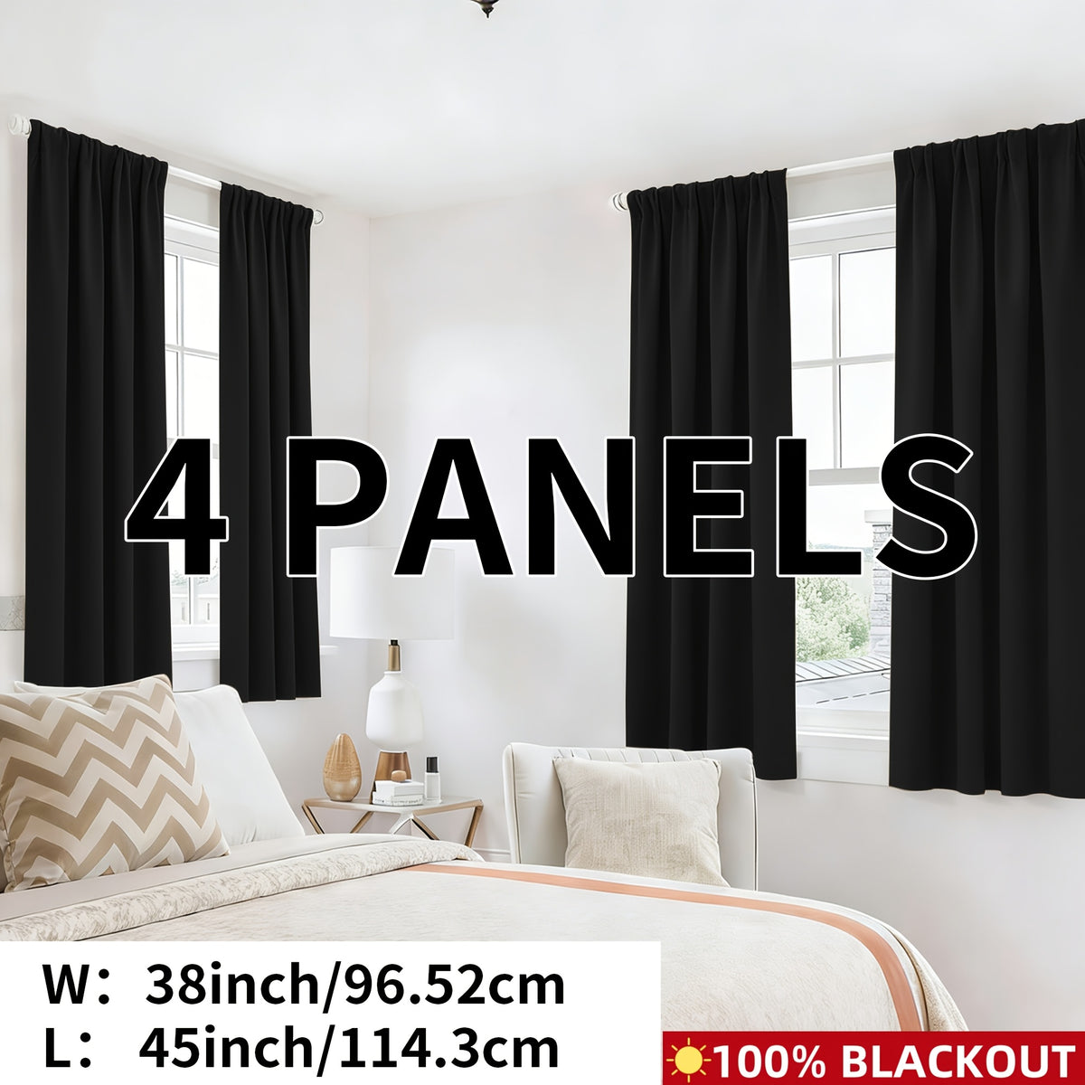 Blackout Curtains Rod Pocket 4-Panel Solid Color Lightweight Matte Drapes | 100% Light Blocking Window Curtains for Bedroom Living Room, 9 Colors 5 Sizes