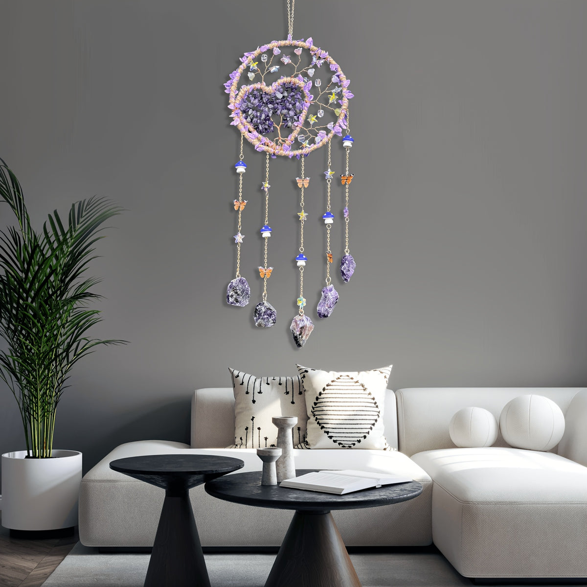 Bohemian Crystal Wall Hanging Decoration – Handmade Stone Beads, Colorful Gemstones, Heart & Circular Crystal Pendant Wind Chime – Boho Wall Decor Gift for Christmas, Mother’s Day & Thanksgiving