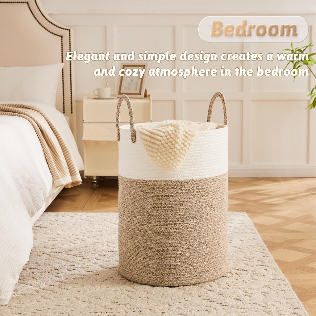 Collapsible Woven Rope Laundry Basket & Hamper - 4 Sizes (12-26 Gal), Cotton Rope Storage Basket for Dirty Clothes, Blankets & Toys, Boho Bathroom Nursery & Living Room Decor