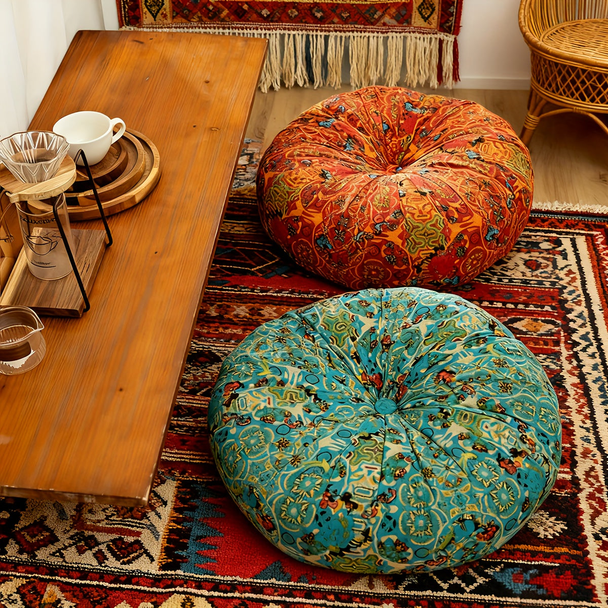 Round Bohemian Floor Cushion Pumpkin Tatami Seat Pad | Large Thickened Vintage Throw Pillow for Bedroom Chair Meditation, Orange Blue