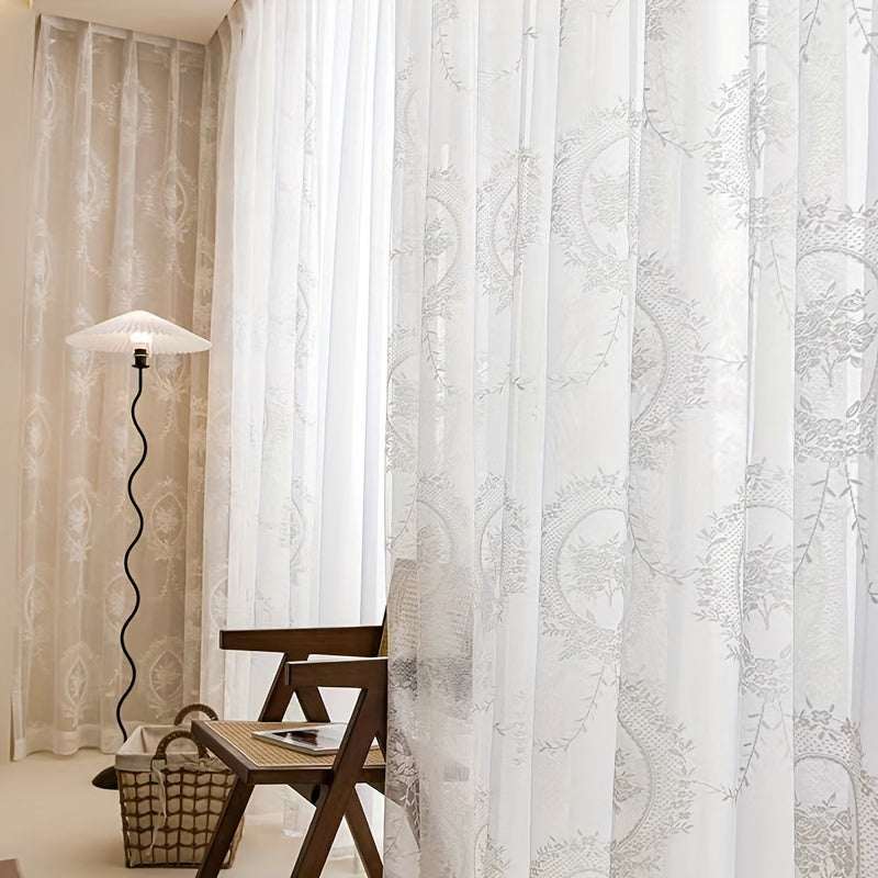 French Lace Curtains 2 Panels - Romantic European Retro Embroidery Floral Semi-Sheer Rod Pocket Drapes, 57" Wide Light Filtering Window Curtains for Living Room Bedroom Balcony, White Green Black
