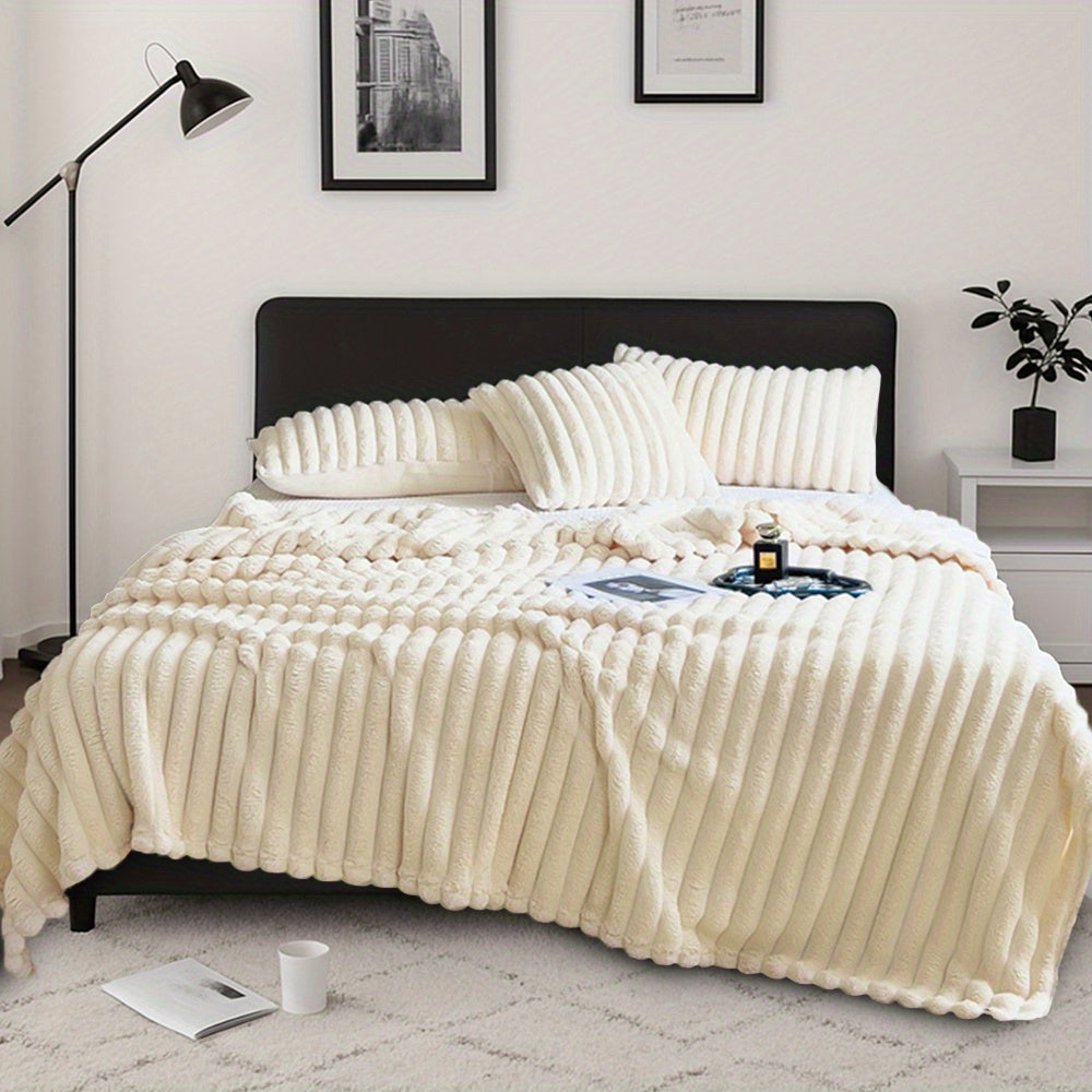 Luxury Faux Rabbit Hair Blanket – Soft Warm Wide Stripe Double-Sided Throw | Machine Washable | Twin, Full, Queen & King | Khaki, Cream, Gray, Black