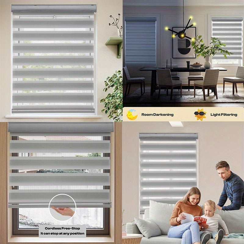 Cordless Zebra Blinds Custom Width Gradient Roller Shades | Double-Layer Fabric Room Darkening Window Treatment for Bedroom Living Room Office, 4 Colors