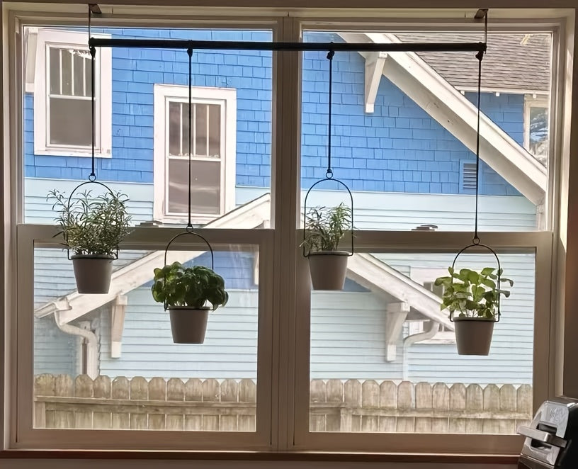 Vertical Planter Set with Adjustable Metal Rod, Iron Rings & Hanging Flower Pots for Window Sill & Balcony, Mini Vertical Garden Kit for Indoor Outdoor Plants, Space-Saving Patio Planter