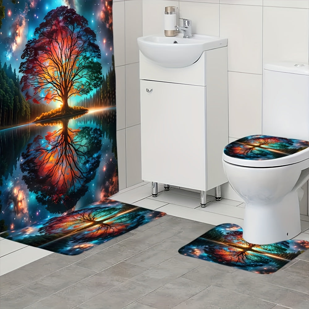 Tree of Life Shower Curtain Set 4 Piece – Includes Shower Curtain with 12 Hooks, Non-Slip Bath Mat, U-Shape Toilet Mat & Lid Cover – Boho Bathroom Decor