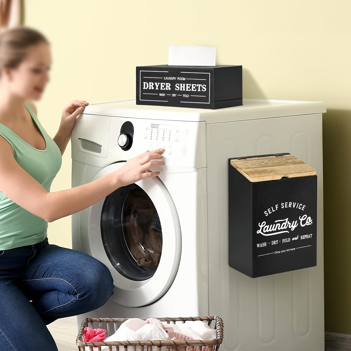 Magnetic Lint & Dryer Sheet Holder Set of 2 – Farmhouse Wood Lint Trash Can with Lid & Magnetic Dryer Sheet Dispenser Box for Laundry Room, Dryer & Wall Mounted Lint Basket