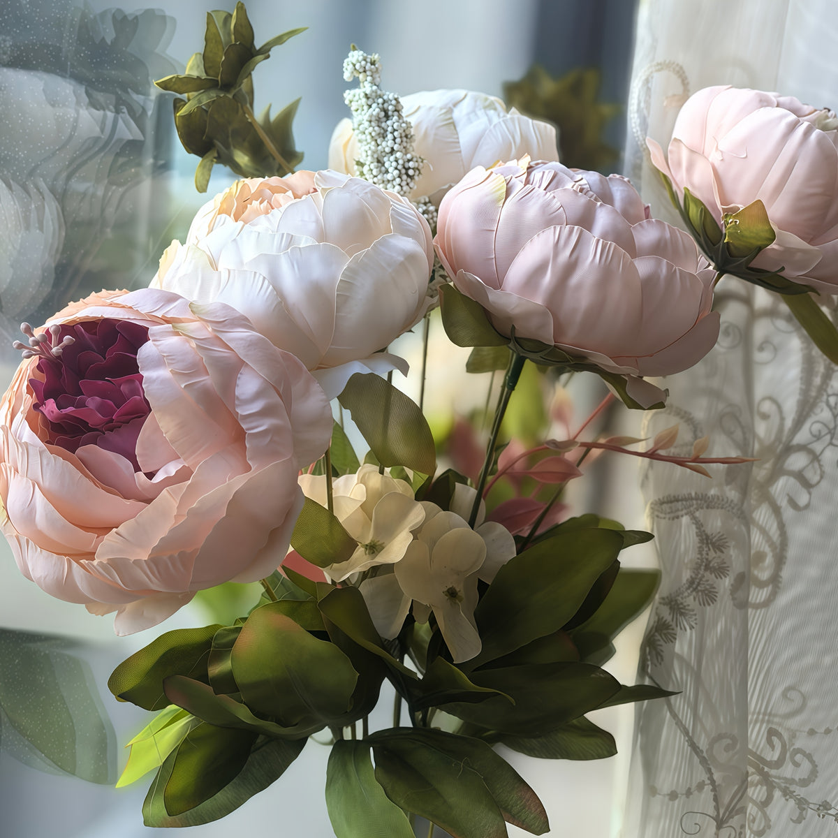 Faux Peonies and Hydrangeas Floral Centerpiece Vintage Rustic Pink Green Mix Artificial Flowers for Bridal Wedding Table Home Living Room Decor