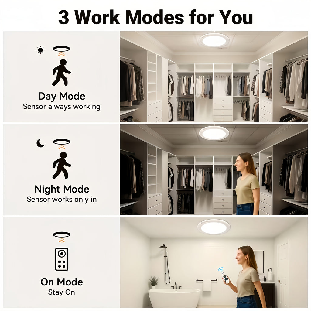 Rechargeable LED Ceiling Lamp with Motion Sensor – 3 Color Modes, 10 Brightness Levels, Remote Control & Timer – Battery-Powered Semi Flush Mount for Living Room, Kitchen & Bathroom