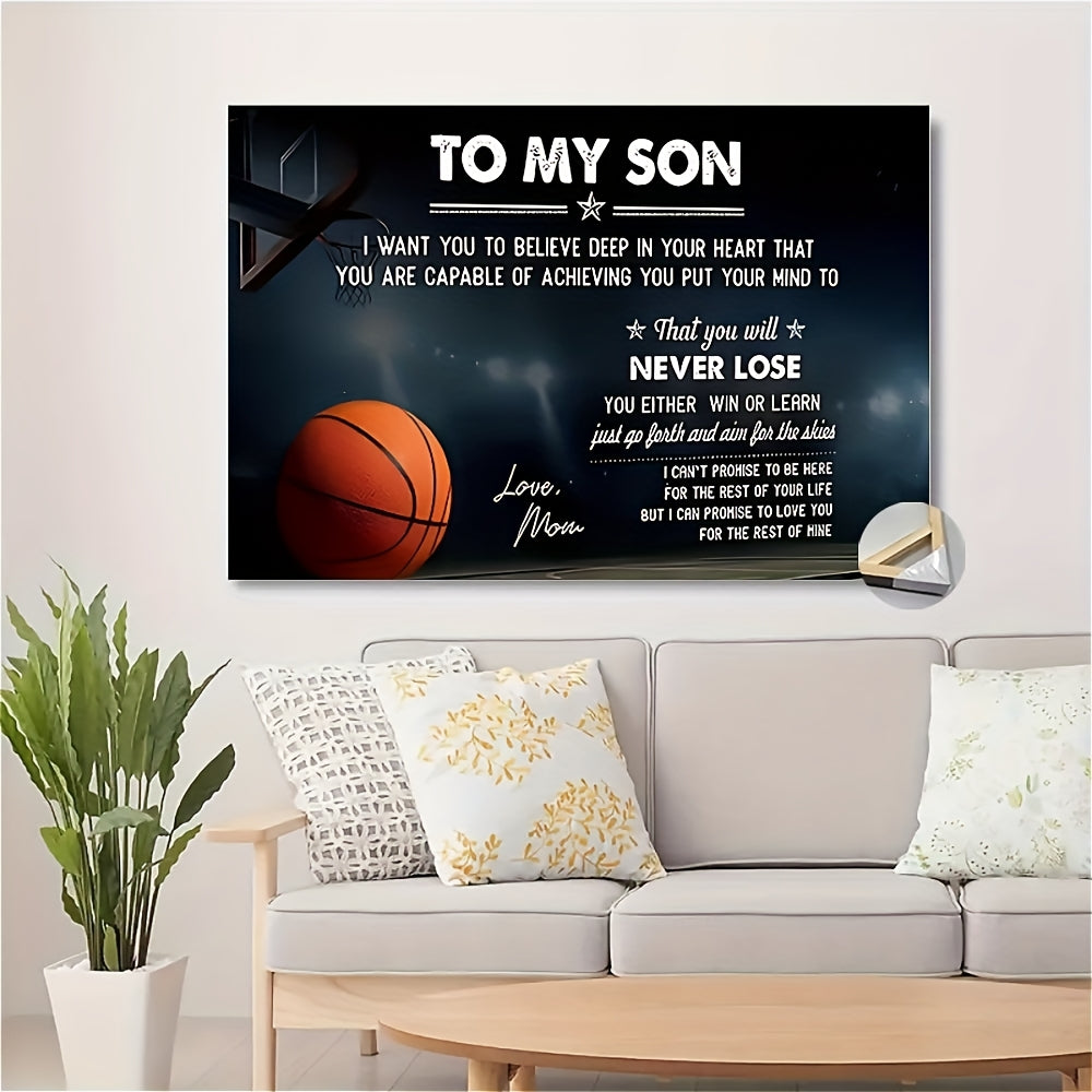 Framed Basketball Poster "To My Son" Motivational Wall Art for Teen Boys & Sports Fans – Wrap-Around Frame Bedroom Living Room Decor, Encouraging Gift for Athletes, Halloween Christmas Birthday