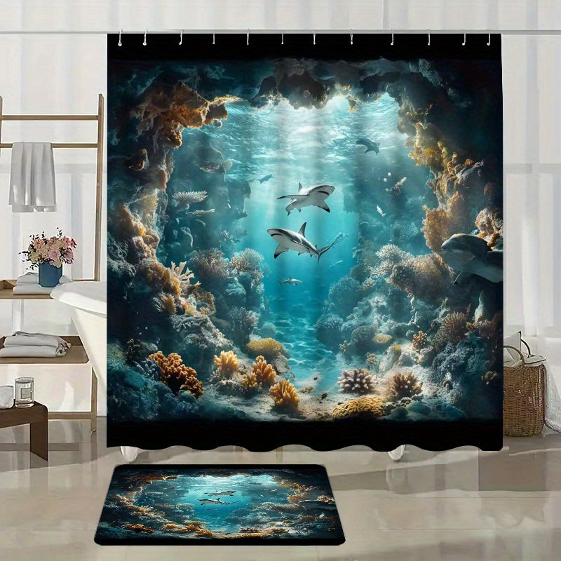 4pcs Shark Ocean Bathroom Set Shower Curtain 71x71 Inch Toilet Lid Cover U-Shape Mat - Underwater Cave Beach Theme Bath Decor for Kids Adults | Nuvia Haven