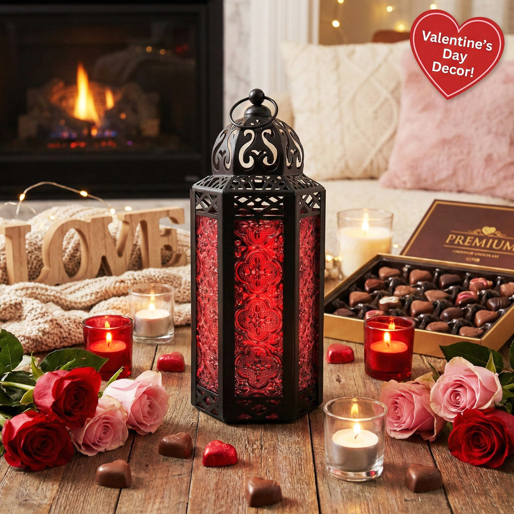 Moroccan Candle Lantern Holder Medium 10.5 Inch – Handcrafted Glass Iron Metal Lantern with Embossed Floral Panels, 17 Colors, Indoor Outdoor Use for Ramadan, Wedding, Patio, Diwali & Home Decor