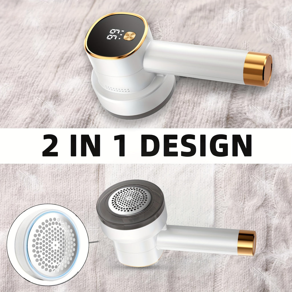 2-in-1 Lint Shaver & Shredder Rechargeable Electric Lint Remover with LED Power Display – Heavy-Duty Fabric Defuzzer for Clothes, Furniture & Pet Hair, All Fabric Types, Travel-Ready