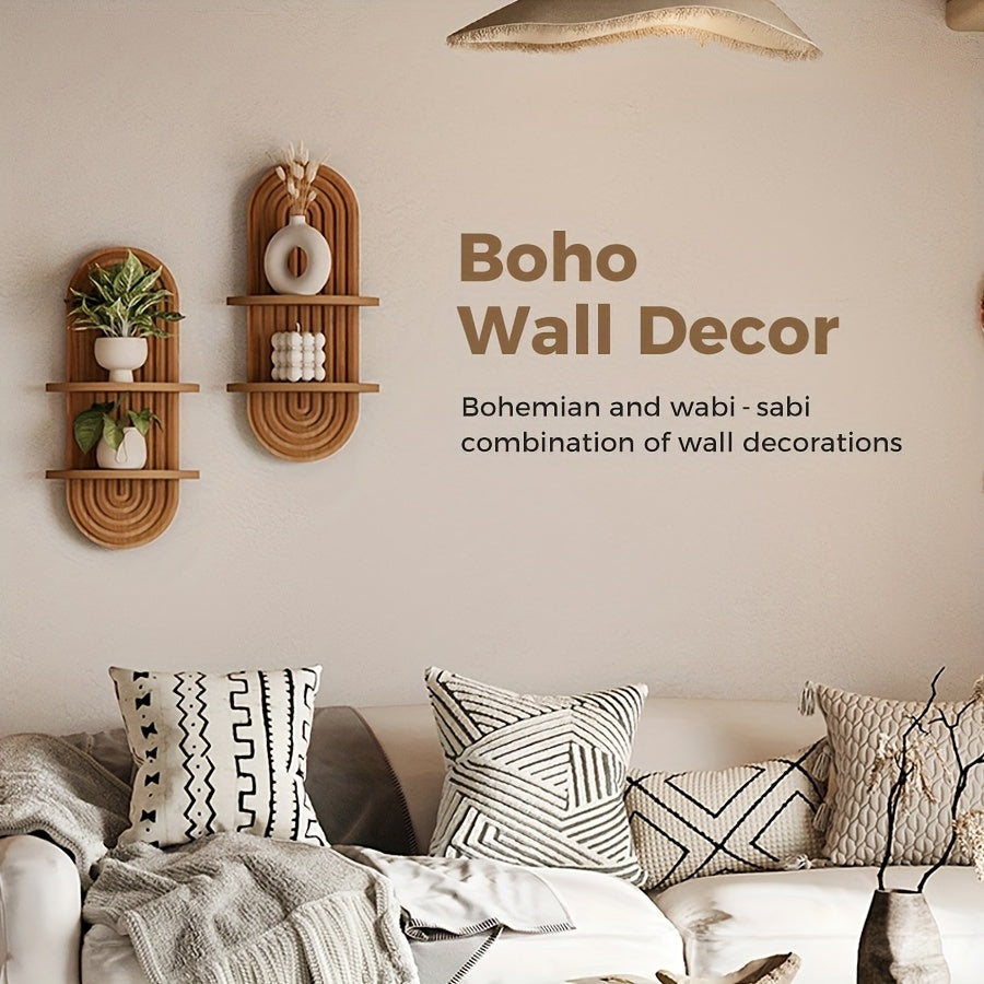 Boho Farmhouse Wood Floating Wall Shelves – 2-Layer Arc Design Wall-Mounted Storage Rack for Books, Plants & Decor in Bedroom, Bathroom, Kitchen & Living Room