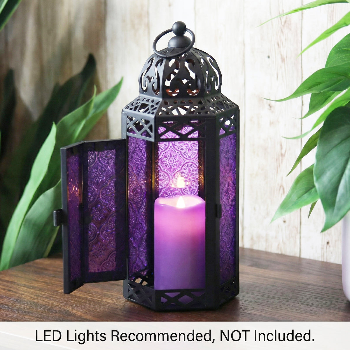 Moroccan Candle Lantern Holder Medium 10.5 Inch – Handcrafted Glass Iron Metal Lantern with Embossed Floral Panels, 17 Colors, Indoor Outdoor Use for Ramadan, Wedding, Patio, Diwali & Home Decor