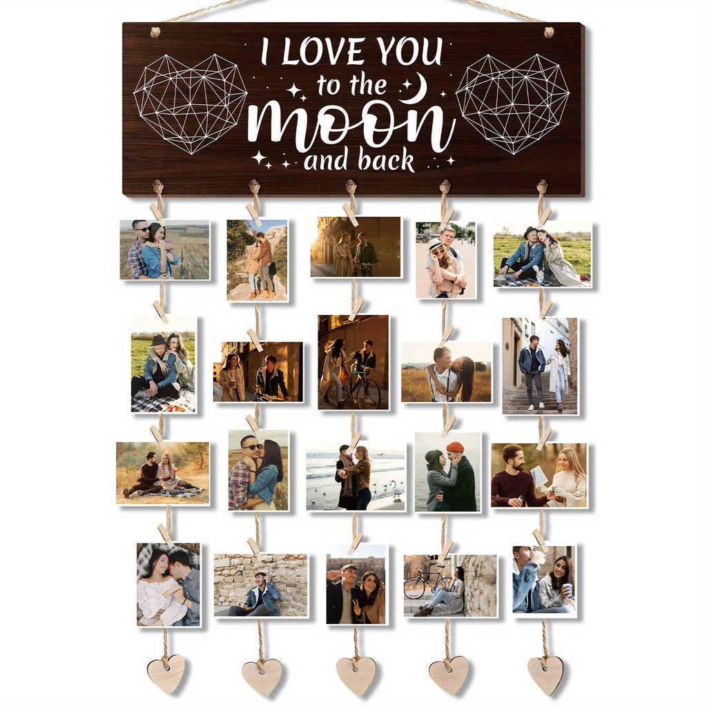 Wooden Hanging Photo Frame "I Love You to the Moon and Back" with 20 Clips, 6 Hemp Ropes & 5 Heart Tags – Romantic Wall Decor Picture Holder Gift for Couples, Anniversary, Wedding, Valentine’s Day & Christmas