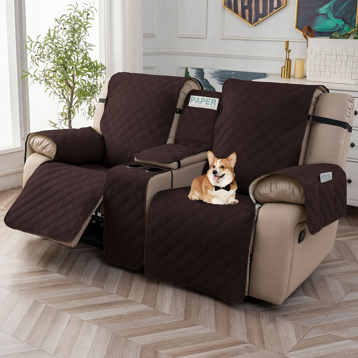 Recliner Loveseat Cover with Console 4-Piece Chenille Quilted Waterproof Slipcover | Non-Slip Pet Scratch Resistant Sofa Protector with Cup Holder Pocket, 9 Colors