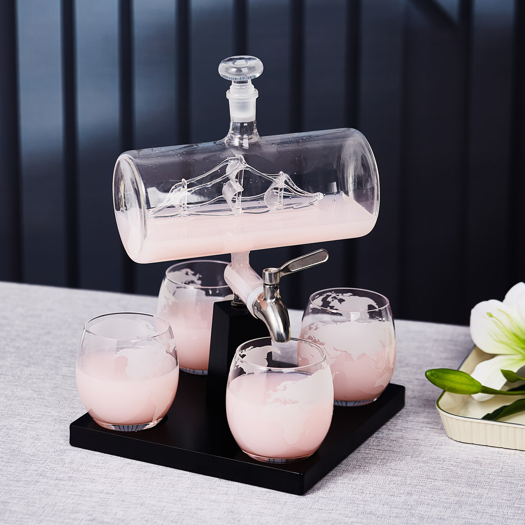 Whiskey Decanter Set with Glasses and Wooden Stand Globe Decanter Ball or Sailboat Design Gift for Whiskey Lovers Birthdays Weddings Anniversaries