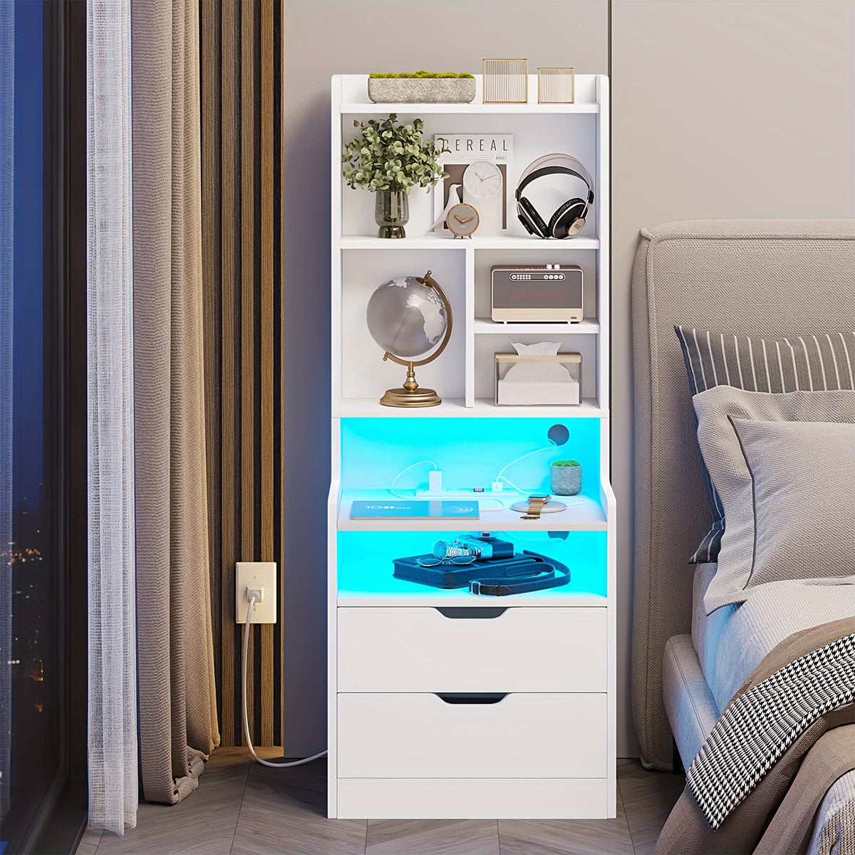 Tall Nightstand with LED Lights & Charging Station | 2 Drawers, Bookshelf & Storage Shelves, 50" Bedside End Table – Gray & Black