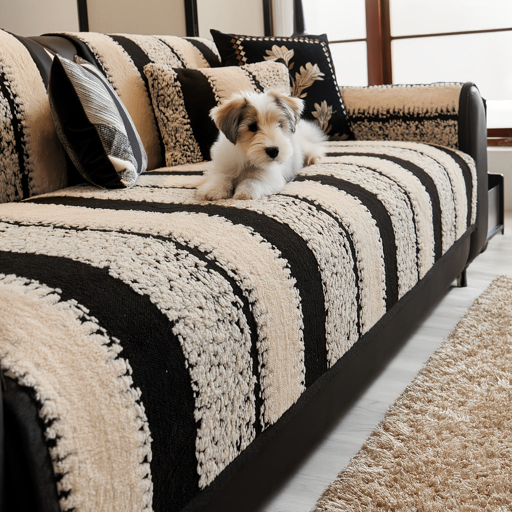 Non-Slip Sofa Slipcover, Striped Couch Cover for 2/3/4 Seater with Silicon Rubber Backing, Pet-Friendly Machine Washable Furniture Protector, All-Season Soft Sofa Cover, Sold by Piece