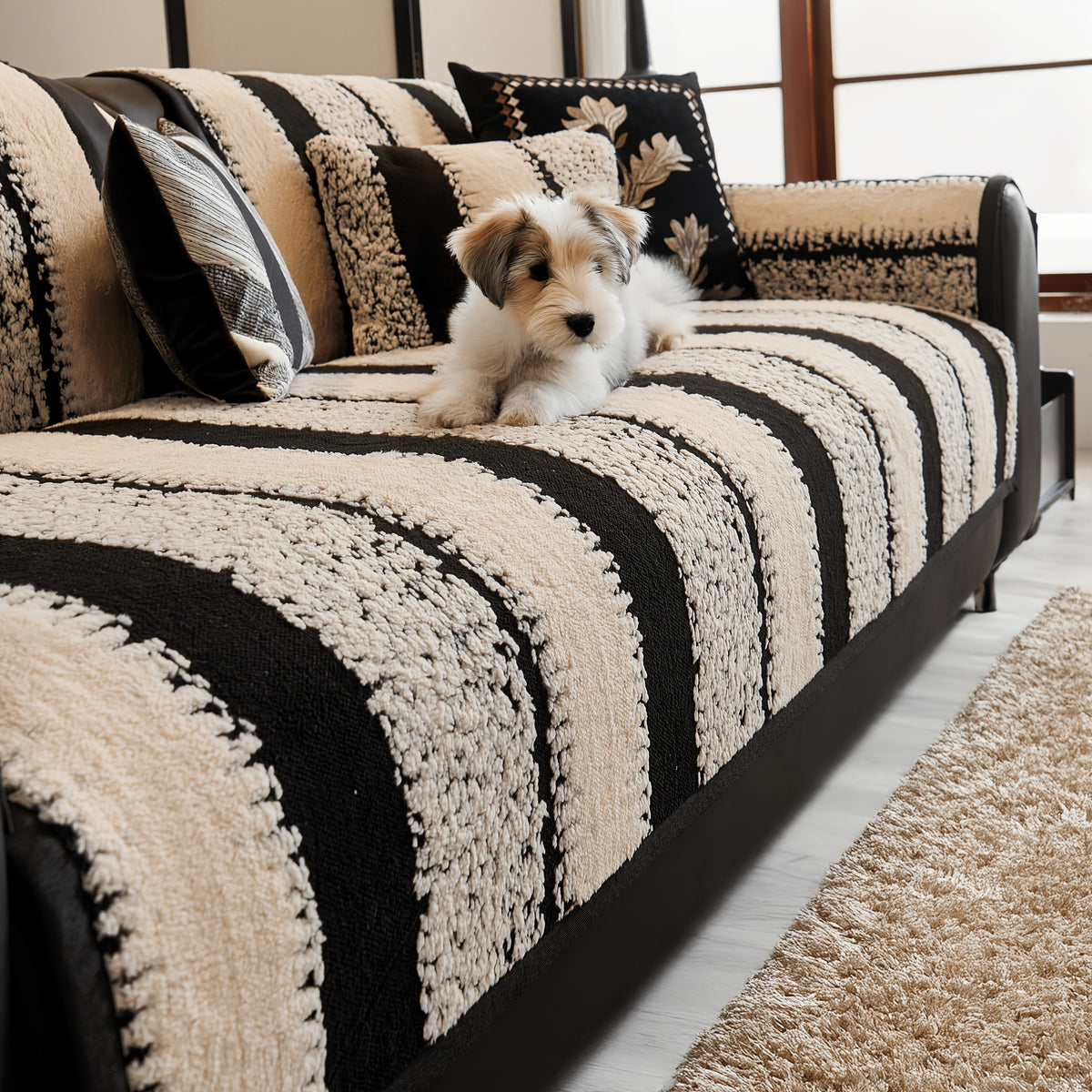 Non-Slip Sofa Slipcover, Striped Couch Cover for 2/3/4 Seater with Silicon Rubber Backing, Pet-Friendly Machine Washable Furniture Protector, All-Season Soft Sofa Cover, Sold by Piece
