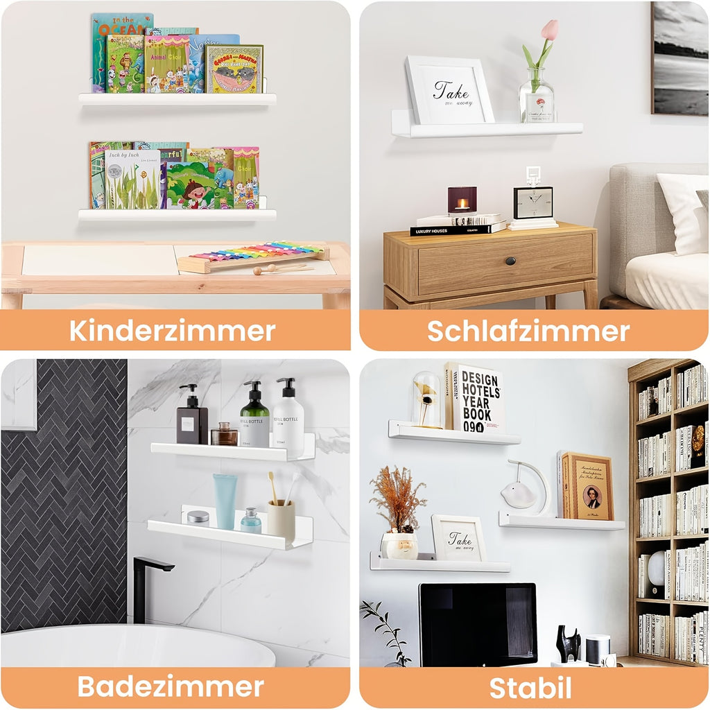 Floating Shelves Set of 4 Wall Mounted Shelves – Picture Ledge Display Shelf for Living Room, Bedroom, Bathroom, Kitchen & Home Office – Decorative Wall Shelves in White, Black, Grey & Pink