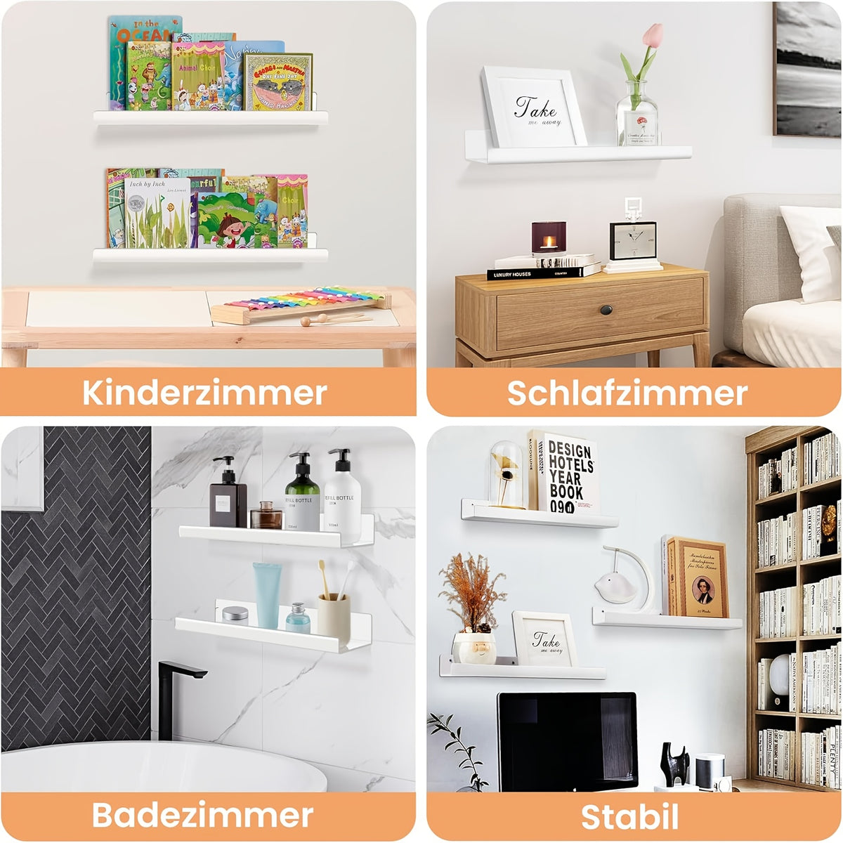Floating Shelves Set of 4 Wall Mounted Shelves – Picture Ledge Display Shelf for Living Room, Bedroom, Bathroom, Kitchen & Home Office – Decorative Wall Shelves in White, Black, Grey & Pink