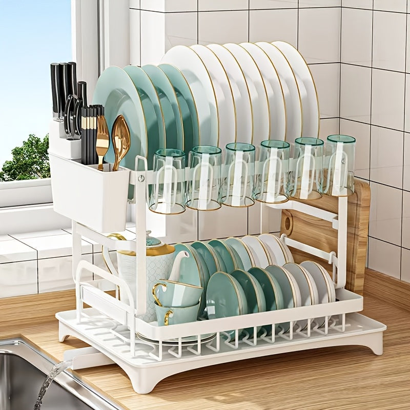Dish Drying Rack 2-Tier Large Kitchen Counter Dish Rack with Drip Tray Drainage Holder – Dish Drainer for Dishes Knives Cups Cutting Boards