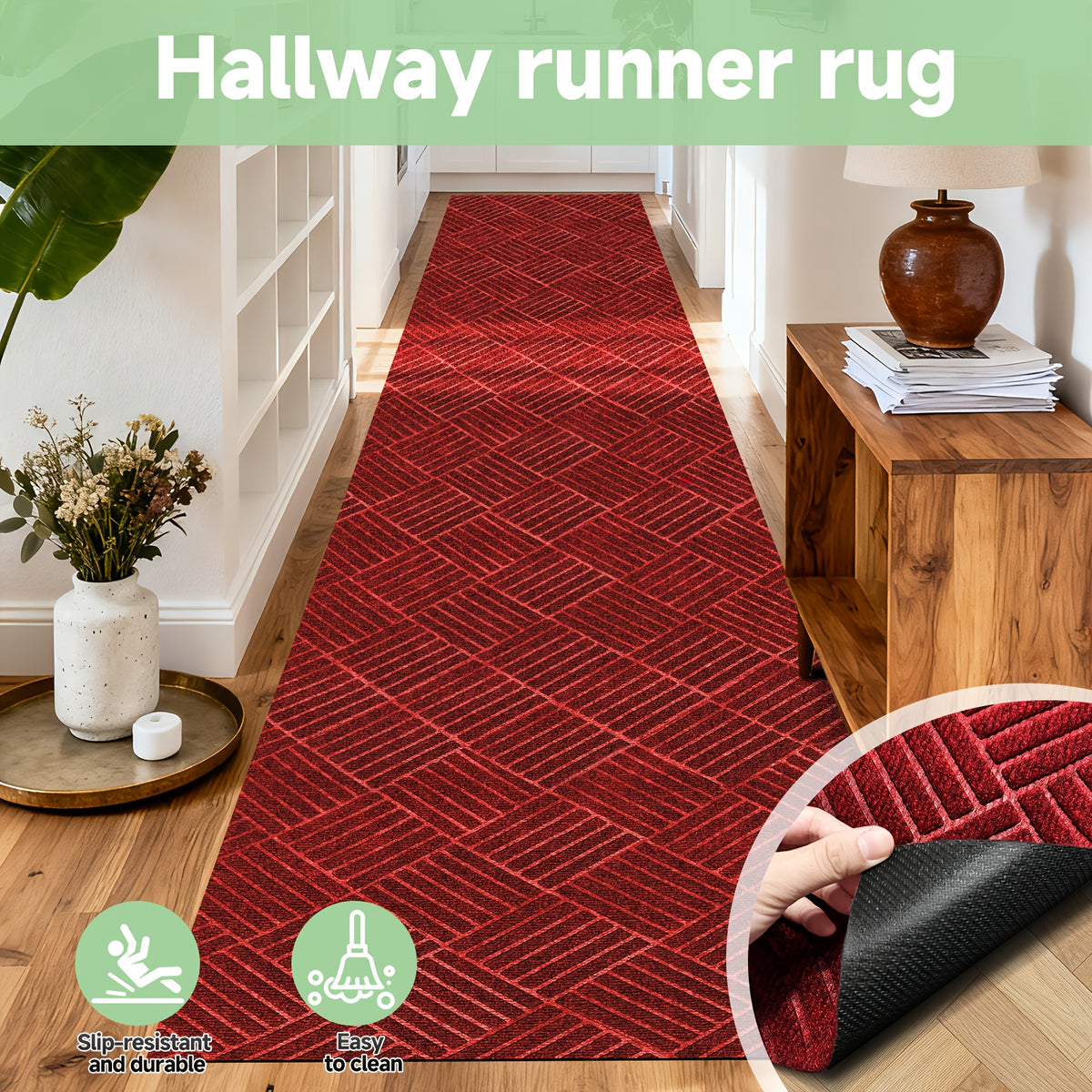 Hallway Runner Rug Non-Slip Vintage Diamond Pattern Machine Washable Rubber Backed – Kitchen, Entryway & Living Room Runner, 5 Sizes, Dark Gray & Dark Red