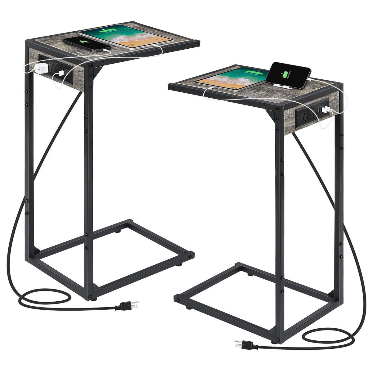C-Shaped End Table with Charging Station – Sofa Side Table, 50LBS Capacity, Slides Under Sofa, Snack & Laptop Table for Living Room Bedroom (1pc/2pcs, w/wo Storage Bag)