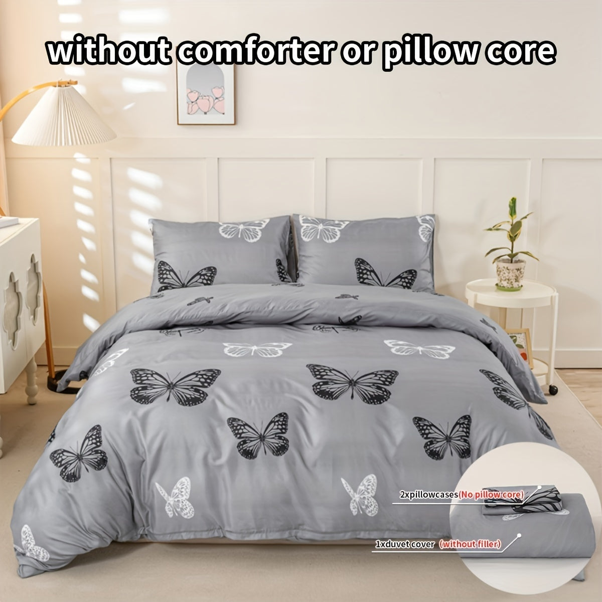 Gray Butterfly Print Duvet Cover Set 3pcs Black White Butterfly Quilt Cover with Pillowcases Twin Full Queen King