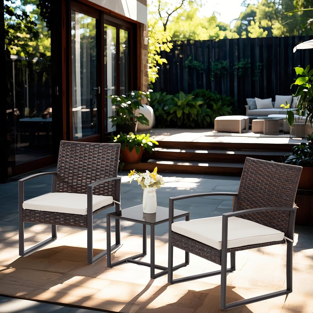 Rattan Bistro Set 3 Piece Outdoor Furniture with Coffee Table Steel Frame Cushions Garden Balcony Poolside Backyard Black Brown Gray