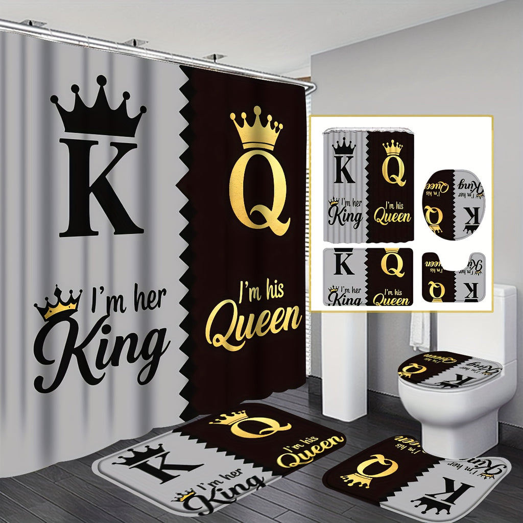 King Queen Shower Curtain Set 4pcs – Bathroom Curtain with 12 Hooks, Non-Slip Rug, Toilet U-Shape Mat & Lid Cover, Modern Bathroom Accessories