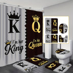 King Queen Shower Curtain Set 4pcs – Bathroom Curtain with 12 Hooks, Non-Slip Rug, Toilet U-Shape Mat & Lid Cover, Modern Bathroom Accessories