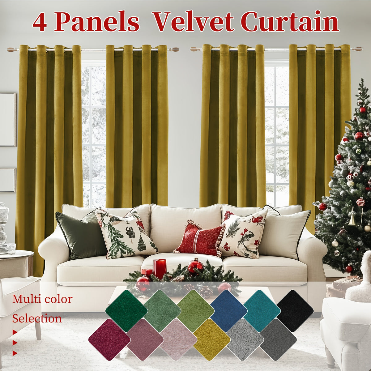 Blackout Velvet Curtains 4 Panels - Thermal Insulated Grommet Drapes, Noise Reducing Soft Window Curtains for Living Room Bedroom, Multiple Sizes & Colors