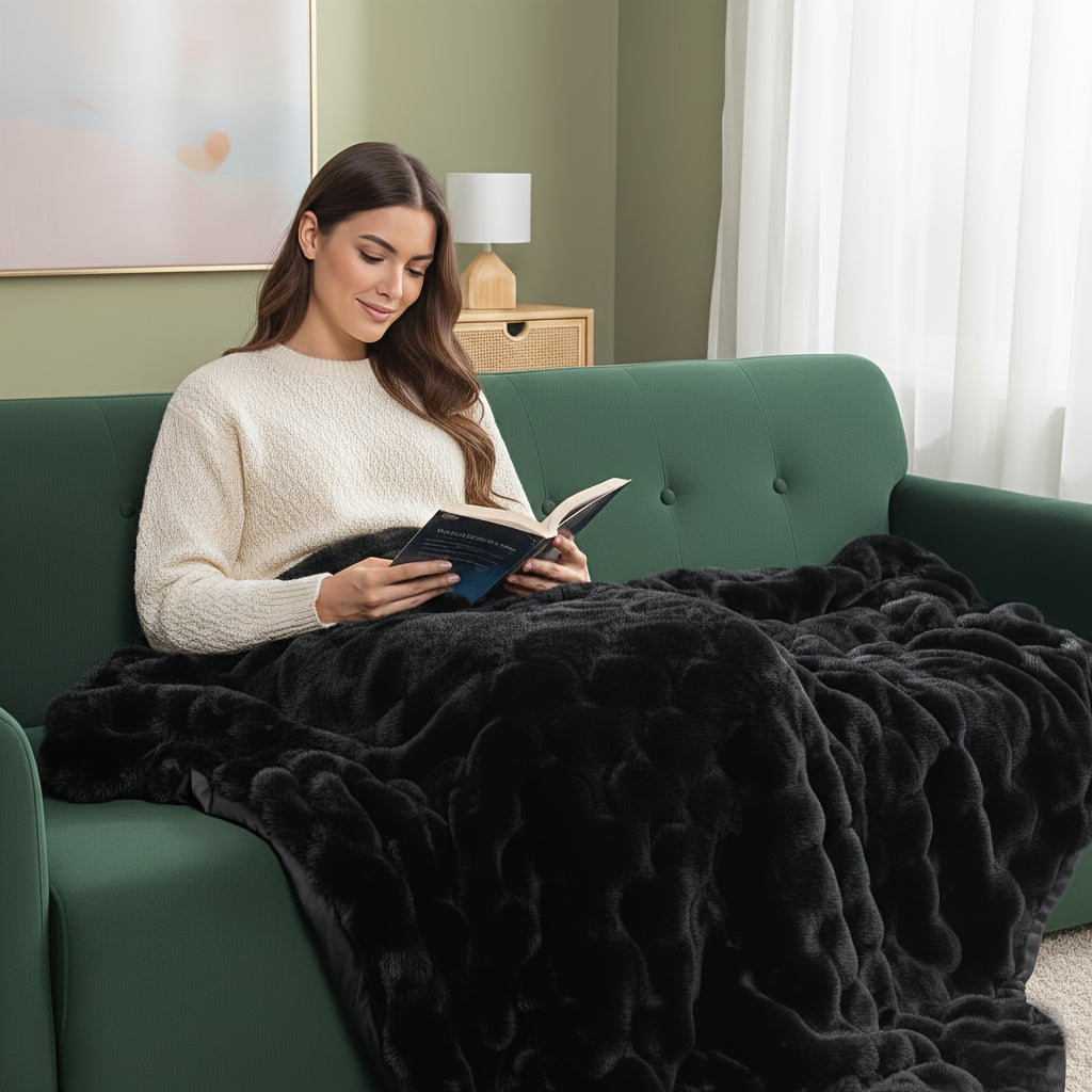 Luxury Faux Rabbit Fur Throw Blanket – Super Soft Plush Warm Blanket for Couch Bed Office Travel, 4 Colors, Throw Twin Queen King, All-Season Gift