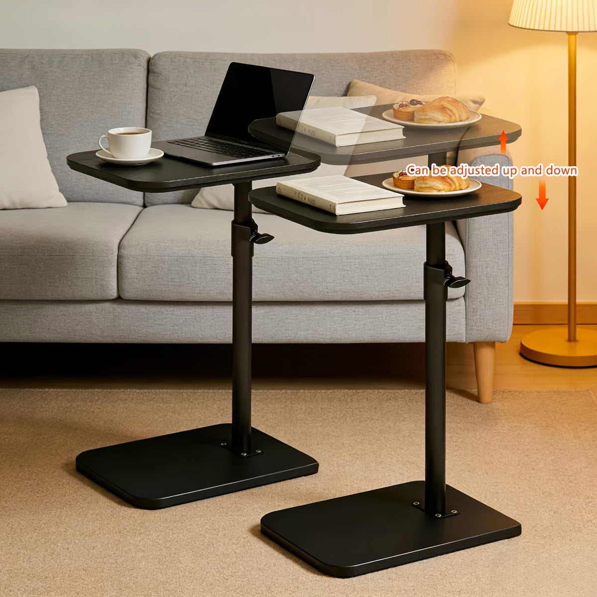 C-Shaped Side Table with Adjustable Height and 360° Rotatable Top – Laptop Sofa Table Coffee Table for Living Room Bedroom in Black White or Brown