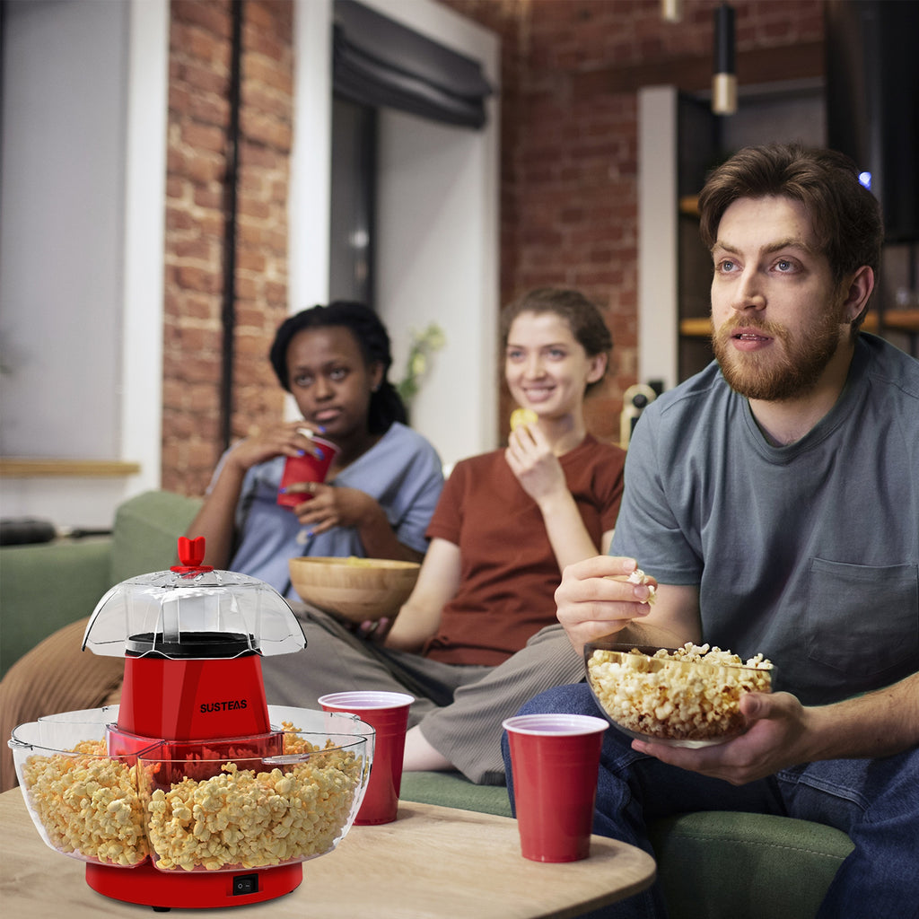 Hot Air Popcorn Maker 1200W Oil-Free Electric Popcorn Popper with 4 Serving Bowls, 95% Pop Rate, Ready in 3 Minutes, Overheating Protection – Healthy Snack Machine for Movie Nights & Parties