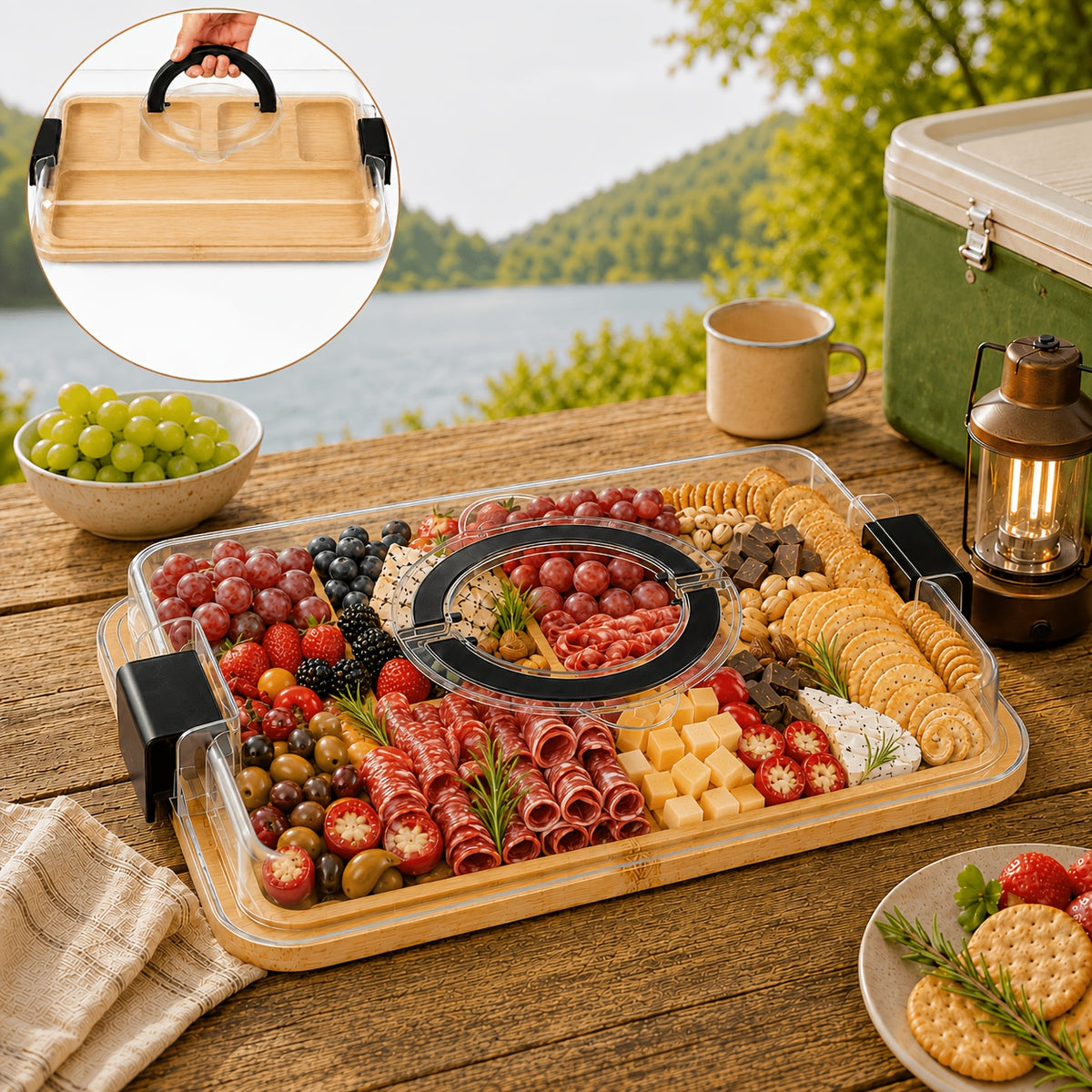 Bamboo Charcuterie Board with Clear Lid & 5 Compartments – Serving Platter Tray with Handle, Side Locks & Reusable Snack Board for Cheese, Fruit, Crackers, Appetizers, Party & Holiday Gatherings