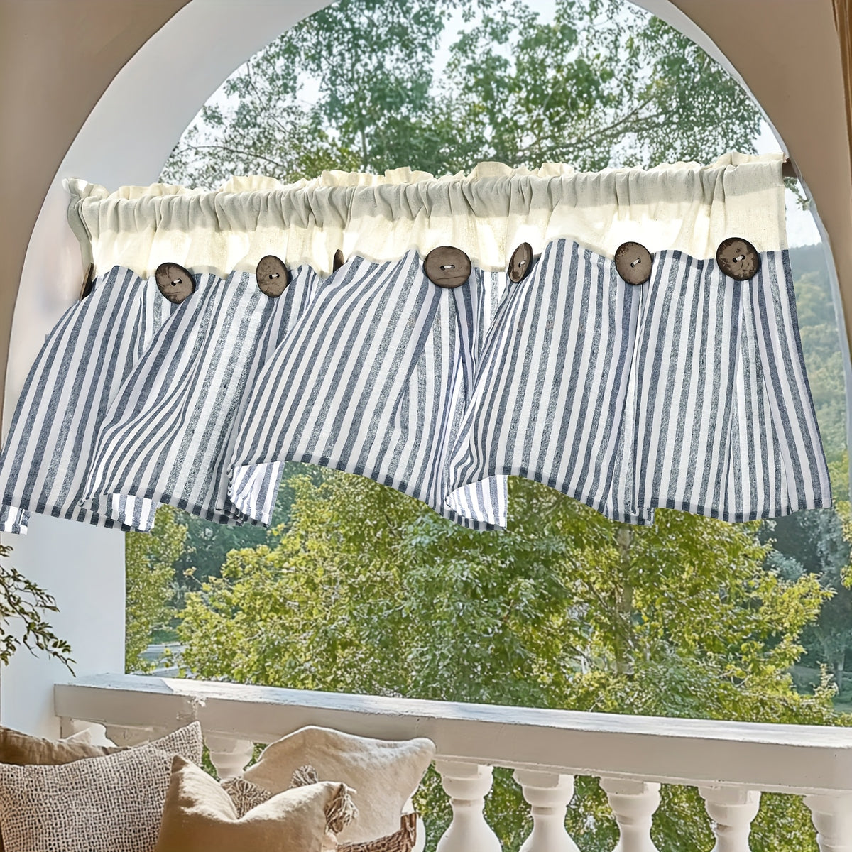 Bohemian Semi-Sheer Linen Cotton Curtains Grommet Top – Patchwork Country Cottage Window Drapes, 1 or 2 Panels, All Season, Bedroom Living Room Kitchen Bathroom Cafe Decor | Blue Green Dark Blue