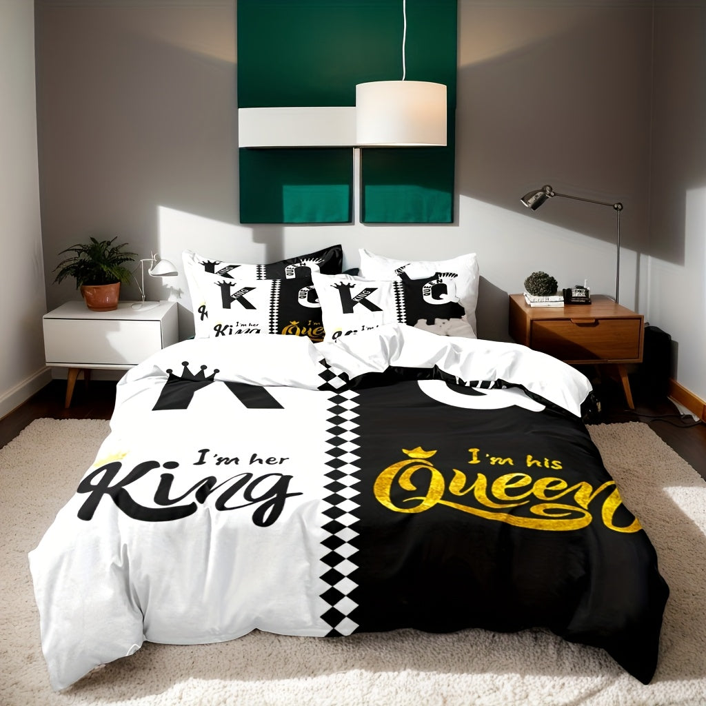 Valentine's Day Duvet Cover Set 3pcs – Crown Queen & King Print Soft Breathable Polyester Bedding, Machine Washable, Includes Duvet Cover & 2 Pillow Covers, Romantic Gift for Couples