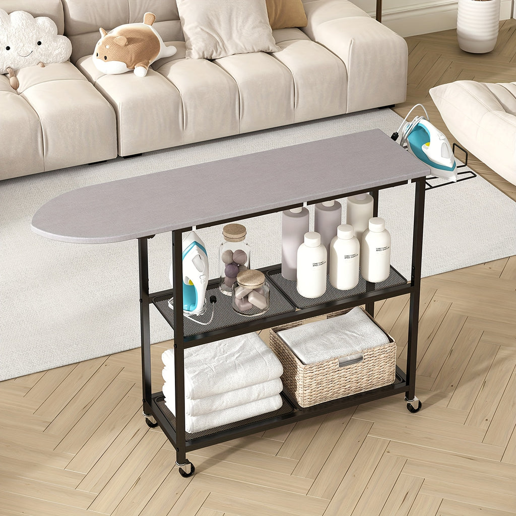 3-Tier Rolling Ironing Board Cart with Storage Shelves & Wheels – Mobile Laundry Station with Foldable Ironing Board, Iron Holder & Lockable Casters for Home Laundry Room, Bedroom & Living Room