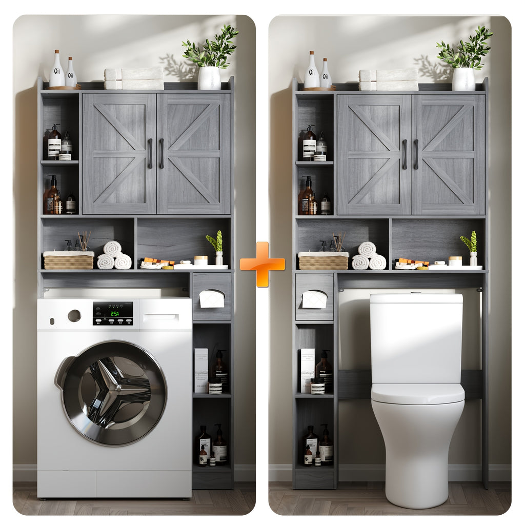 Farmhouse Over Toilet Cabinet with Sliding Doors Engineered Wood Adjustable Shelf Toilet Paper Holder Stand Space Saving Bathroom Storage No Wall Mount Multiple Colors