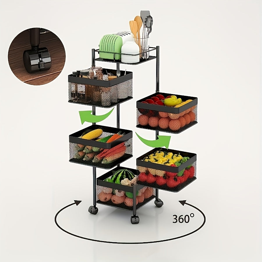 Rolling Kitchen Cart 5 Tier 360° Rotating Storage Organizer, Extra Large Standing Shelf with Locking Wheels & Removable Baskets for Pantry, Living Room & Office, Square Black