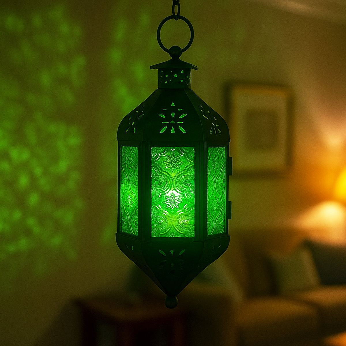 Moroccan Hanging Candle Lantern with Chain – Vintage Boho Style Iron & Glass Tealight Holder for Home, Patio, Garden, Wedding & Ramadan Decor (23.5" Overall)