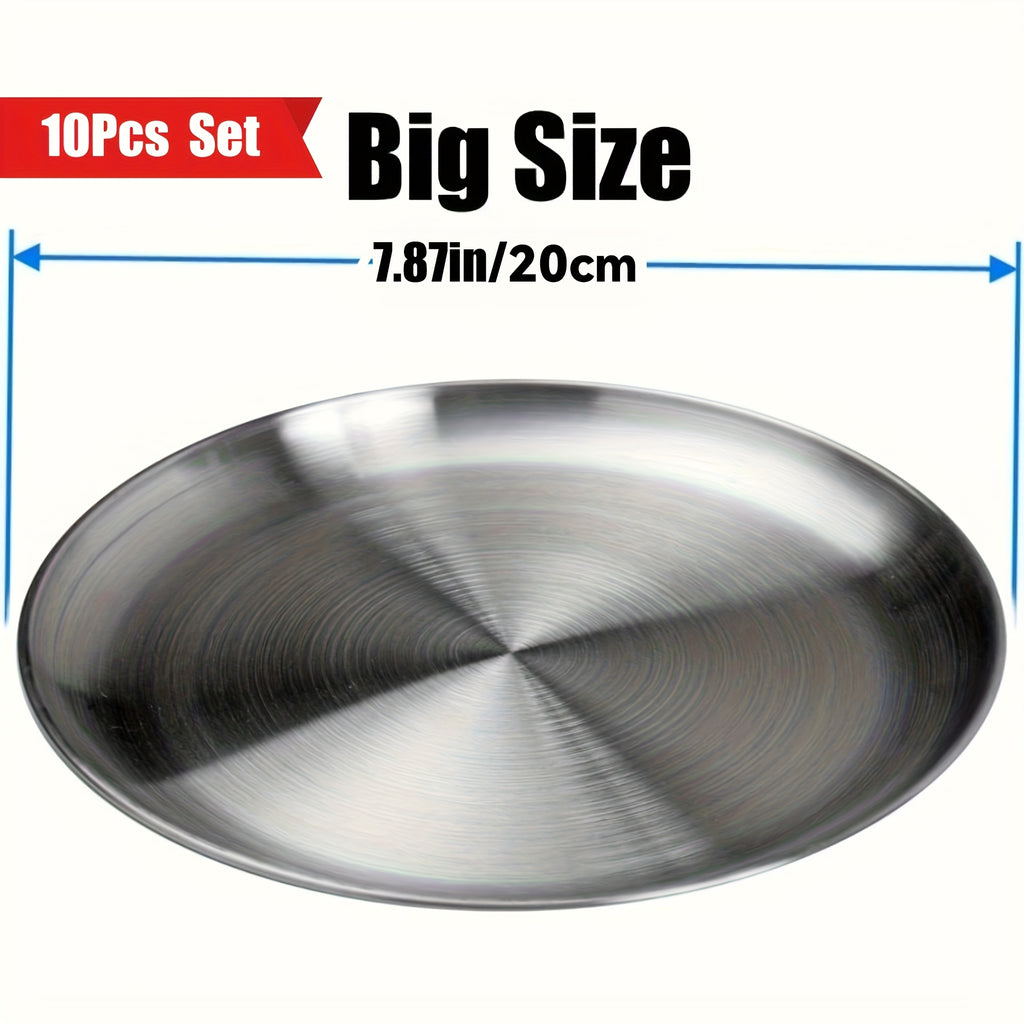 304 Stainless Steel Dinner Plates Set of 10 BPA-Free Dishwasher Safe Non-Toxic Round Metal Plates for Home Outdoor Camping Holiday Use