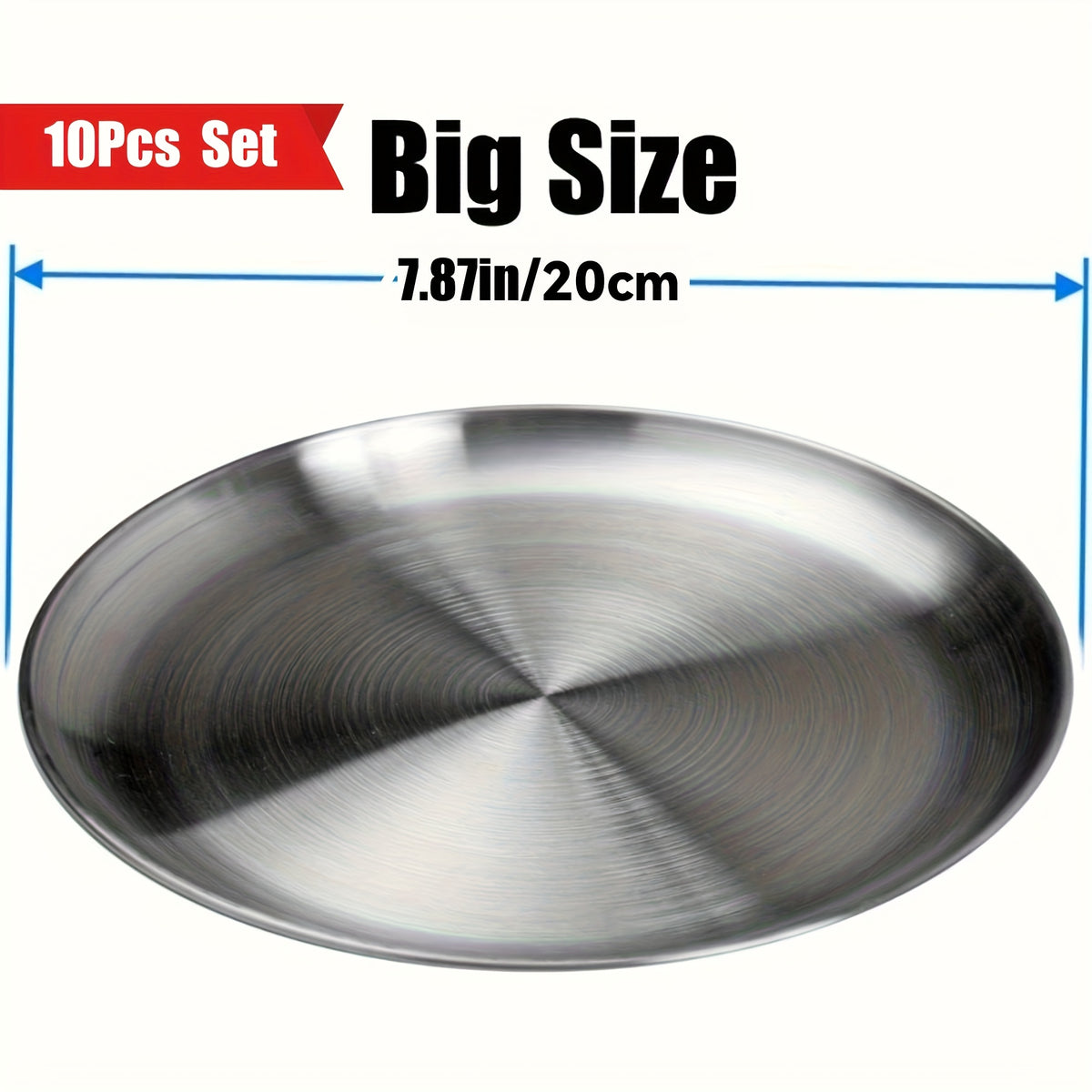 304 Stainless Steel Dinner Plates Set of 10 BPA-Free Dishwasher Safe Non-Toxic Round Metal Plates for Home Outdoor Camping Holiday Use