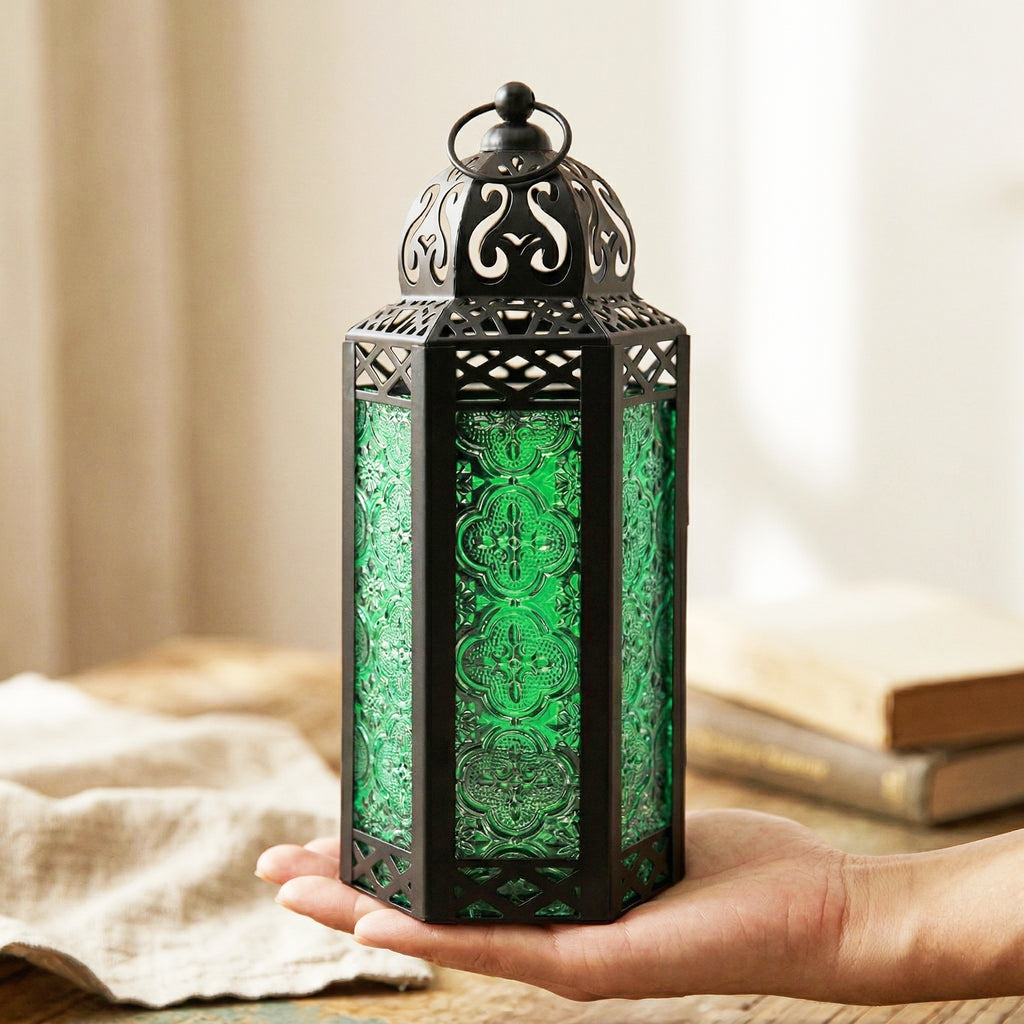 Moroccan Candle Lantern Holder Medium 10.5 Inch – Handcrafted Glass Iron Metal Lantern with Embossed Floral Panels, 17 Colors, Indoor Outdoor Use for Ramadan, Wedding, Patio, Diwali & Home Decor