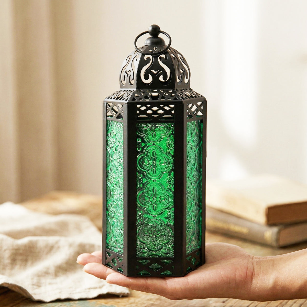 Moroccan Candle Lantern Holder Medium 10.5 Inch – Handcrafted Glass Iron Metal Lantern with Embossed Floral Panels, 17 Colors, Indoor Outdoor Use for Ramadan, Wedding, Patio, Diwali & Home Decor