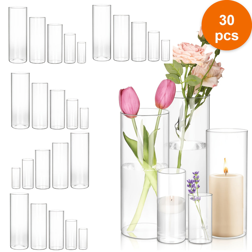 Glass Cylinder Vases Set 15/20/25/30pcs 5 Sizes – Transparent Hurricane Flower Vases for Wedding, Home, Party & Office Decor